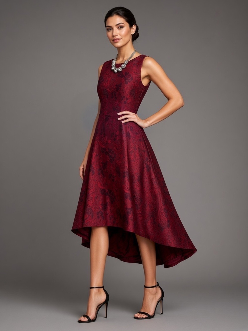 White House Black Market Red Floral Jacquard High-Low Dress Size 8 Holiday Party
